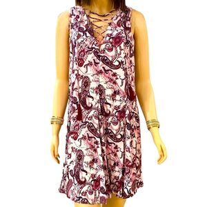 Sleeveless V Neck Lace Up Colorful Floral Paisley Casual A-line Above Knee Dress
